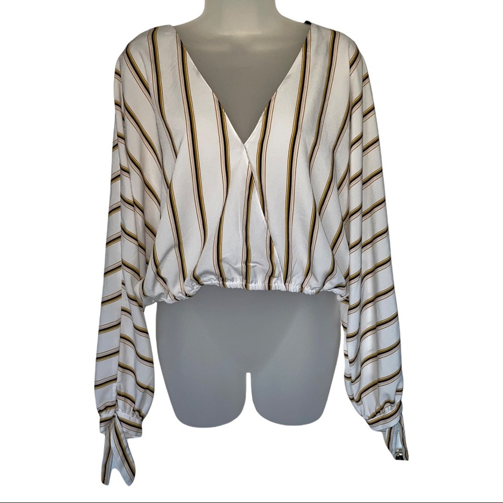 White Stripe Wrap Top Blouse V Neck Crop Chiffon Date Fancy